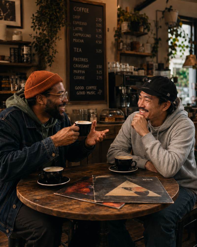 Two friends laughing over coffee with records on the table