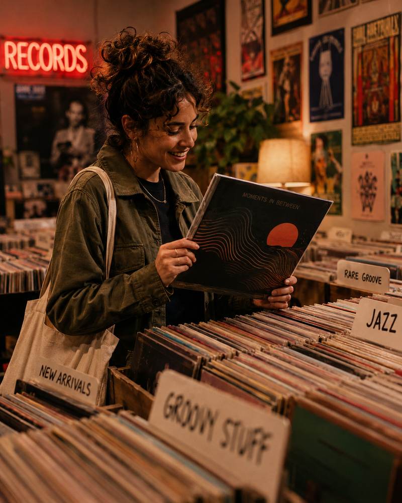 A collector browsing crates in a record shop under a red RECORDS neon sign