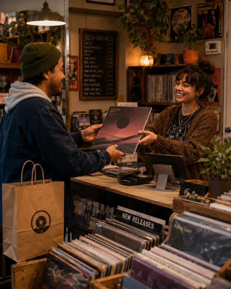 A customer buying a record from a shopkeeper at a record store counter